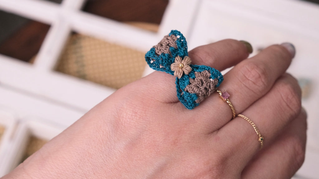 鈎織蝴蝶結耳骨夾・戒指兩用款 (無需耳洞) Crochet Bow Ear Cuff  Ring 2-in-1 No Piercing