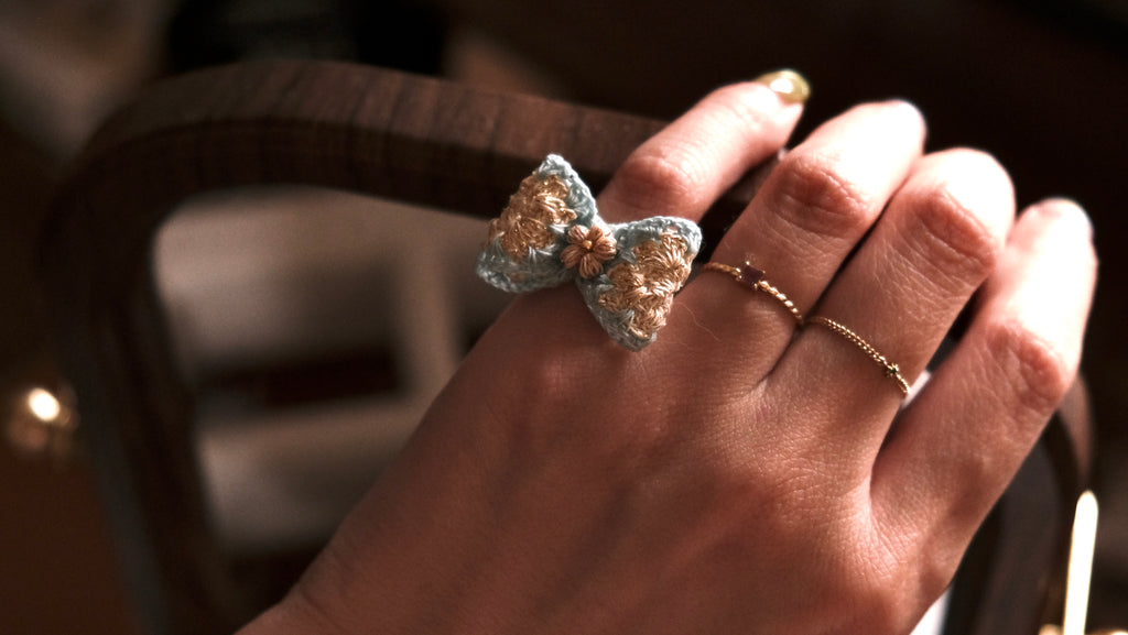 鈎織蝴蝶結耳骨夾・戒指兩用款 (無需耳洞) Crochet Bow Ear Cuff  Ring 2-in-1 No Piercing